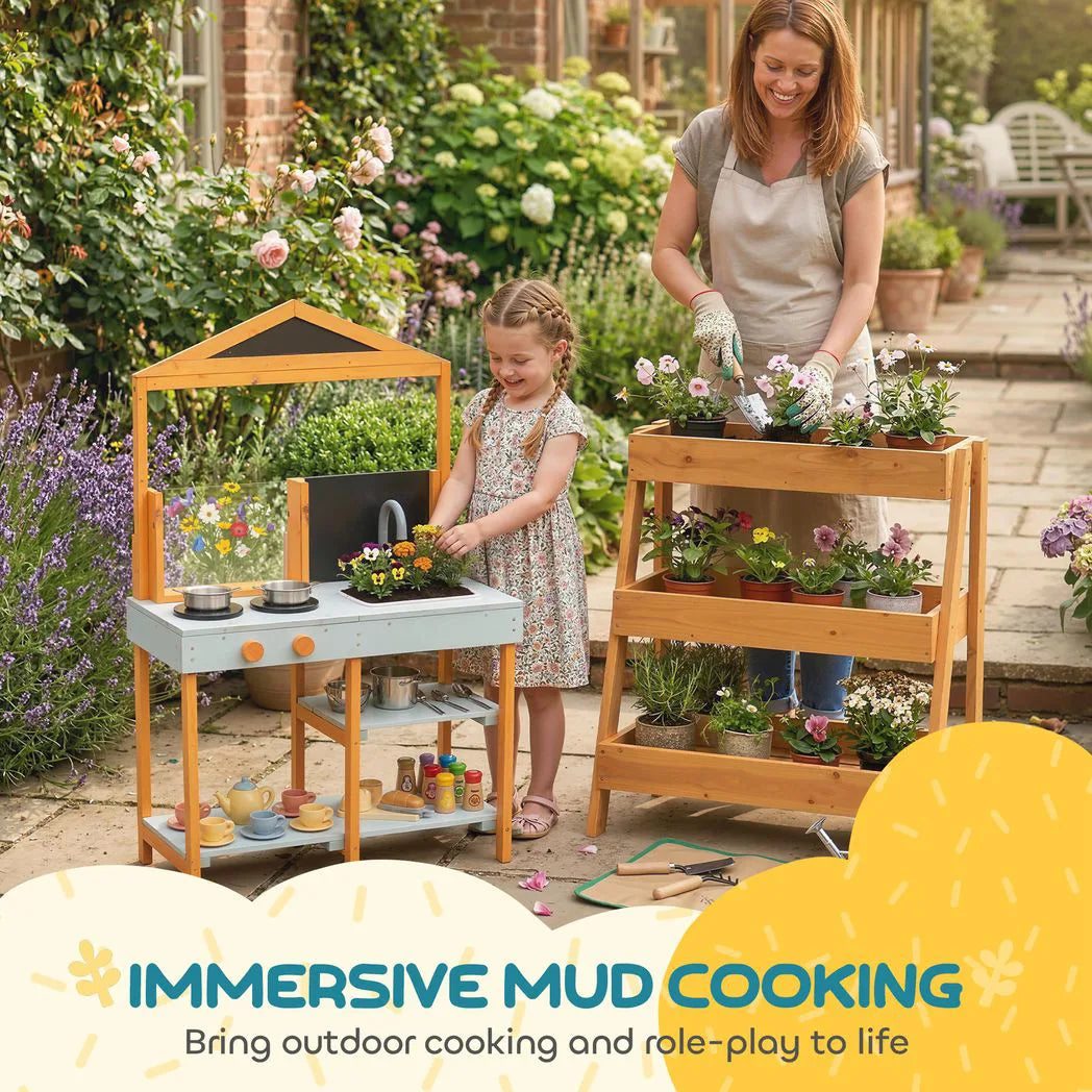 AIYAPLAY Outdoor Wooden Mud Kitchen for Kids with Sink, Stove, Cookware & Shelves – Pretend Play Toy, Ages 3-8