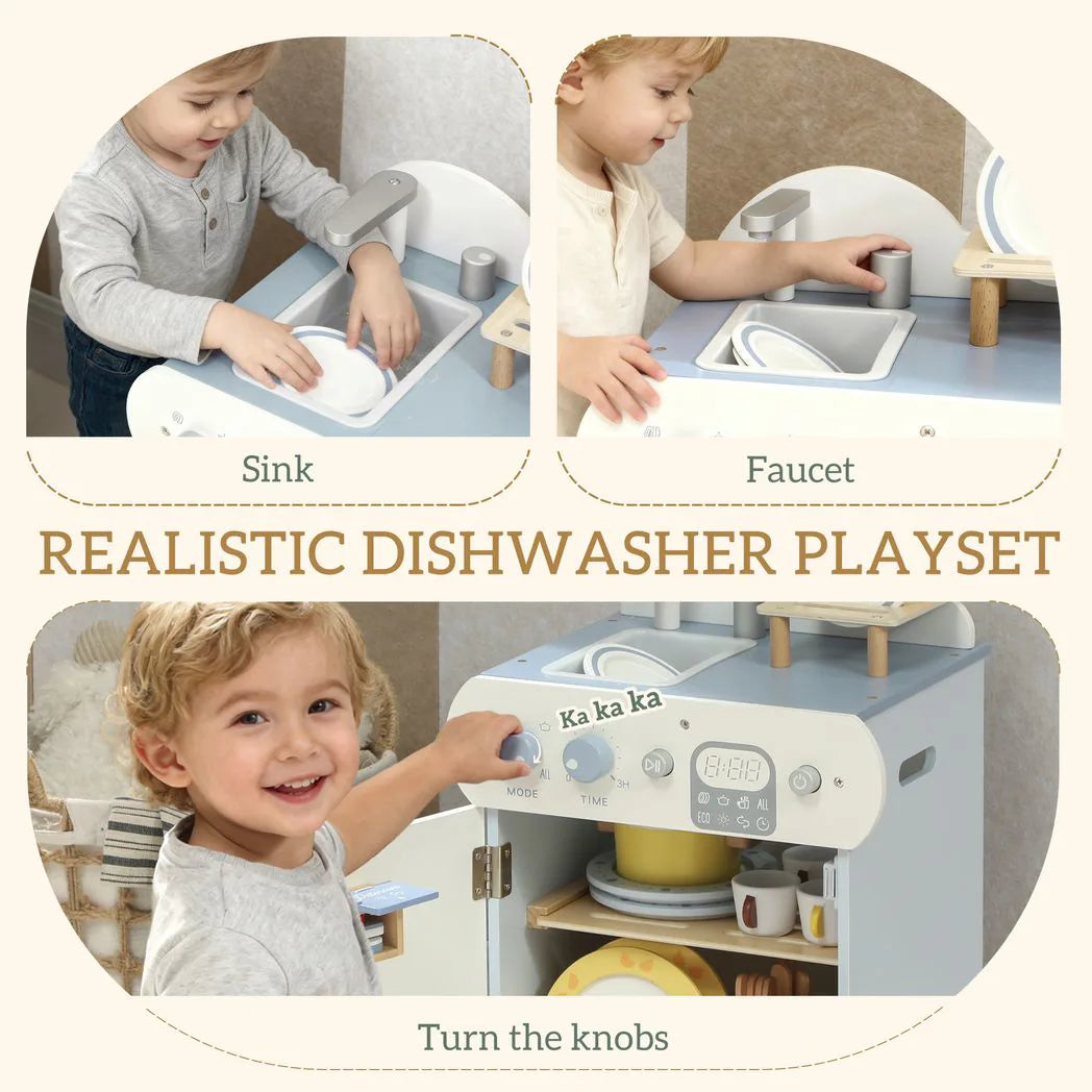AIYAPLAY Wooden Dishwasher Playset with Faucet, Sink & 32 Accessories – Toy Kitchen Washing-Up Set
