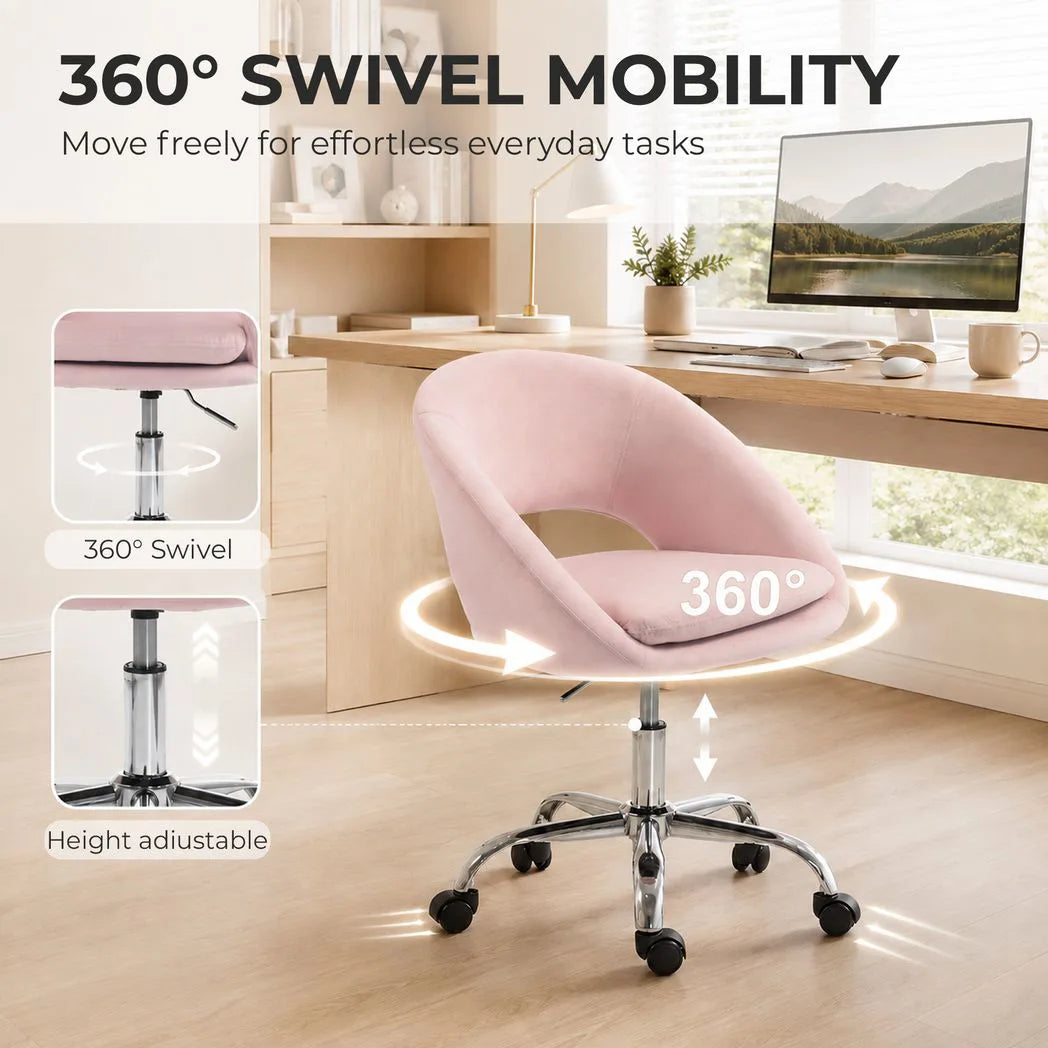 HOMCOM Velvet Desk Chair with Height-Adjustable Seat and Swivel Wheels – Modern Home Study Office Chair, Pink