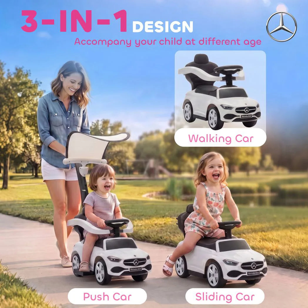 AIYAPLAY 4 in 1 Licensed Mercedes-Benz Ride On Push Car with Canopy, Guardrails, Horn and Music – 12–36 Months, White