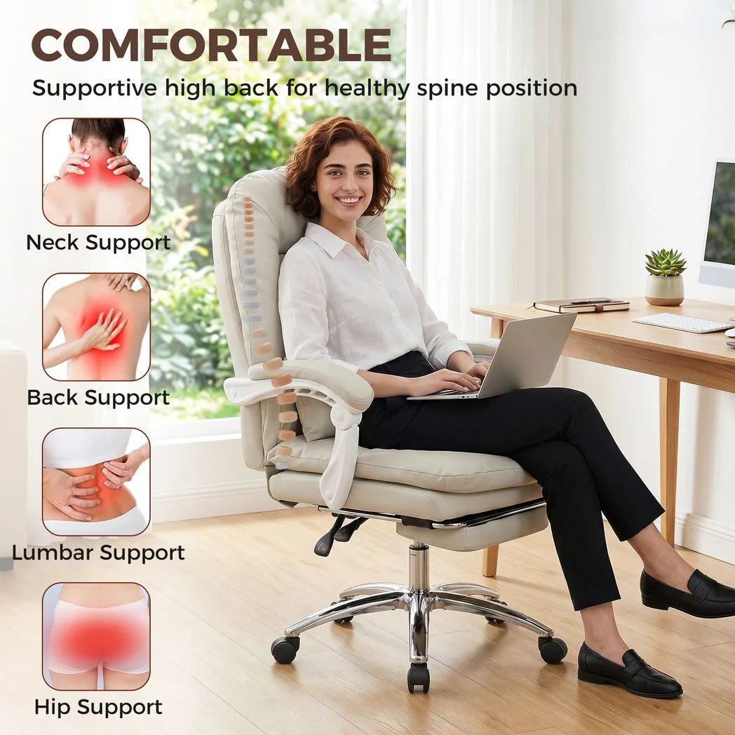 HOMCOM Executive Office Chair with 155° Recline, Footrest & Lumbar Pillow – PU Leather, Khaki