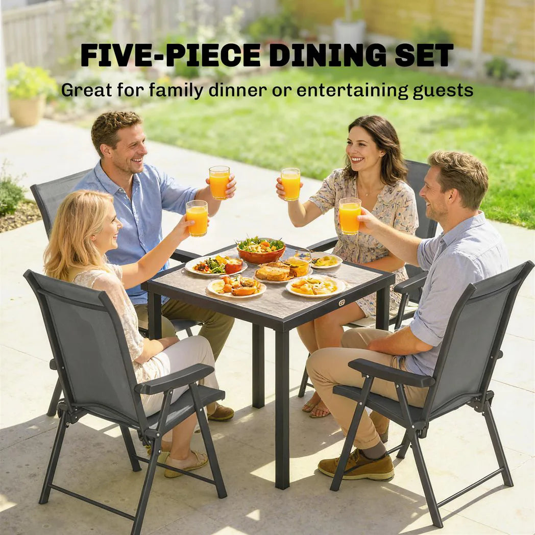 Outsunny 5 Piece Garden Dining Set for 4 with Square Table and Folding Mesh Chairs, Grey