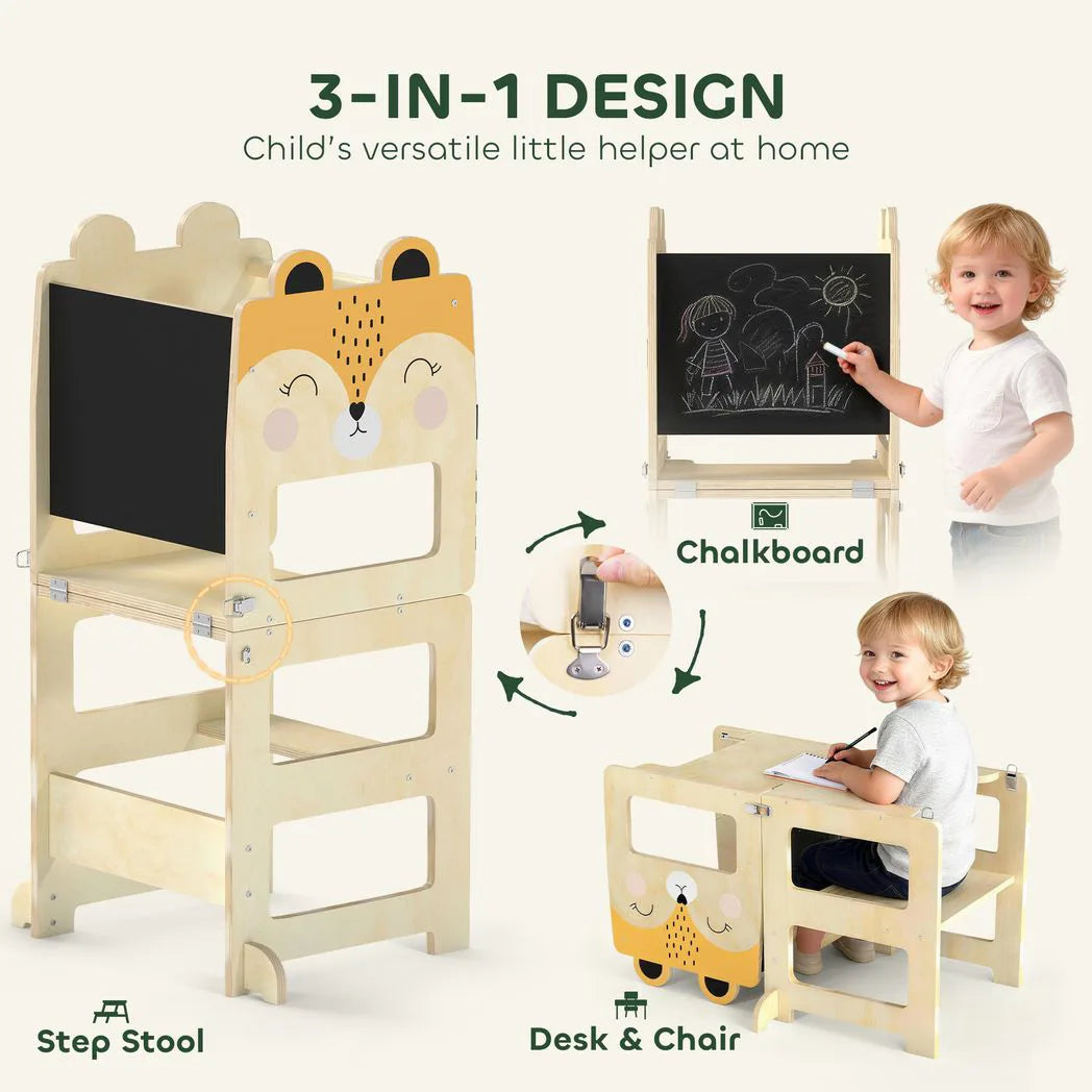 AIYAPLAY 3-in-1 Toddler Step Stool with Chalkboard – Fox-Shaped Standing Tower for Kitchen Counter, Natural