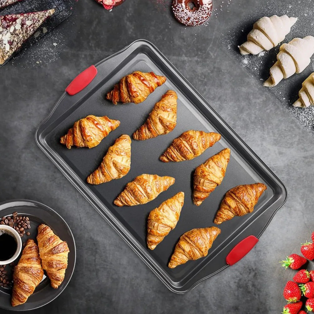 5 Piece Non-Stick Carbon Steel Baking Tray Set with Silicone Handles, Spatula and Brush – Oven Roasting Pans