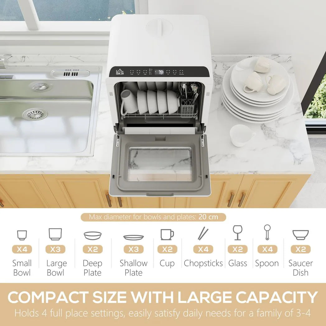 HOMCOM 6L Tabletop Dishwasher with 5 Wash Modes and 70°C Hot Wash – Portable Countertop Dishwasher, White