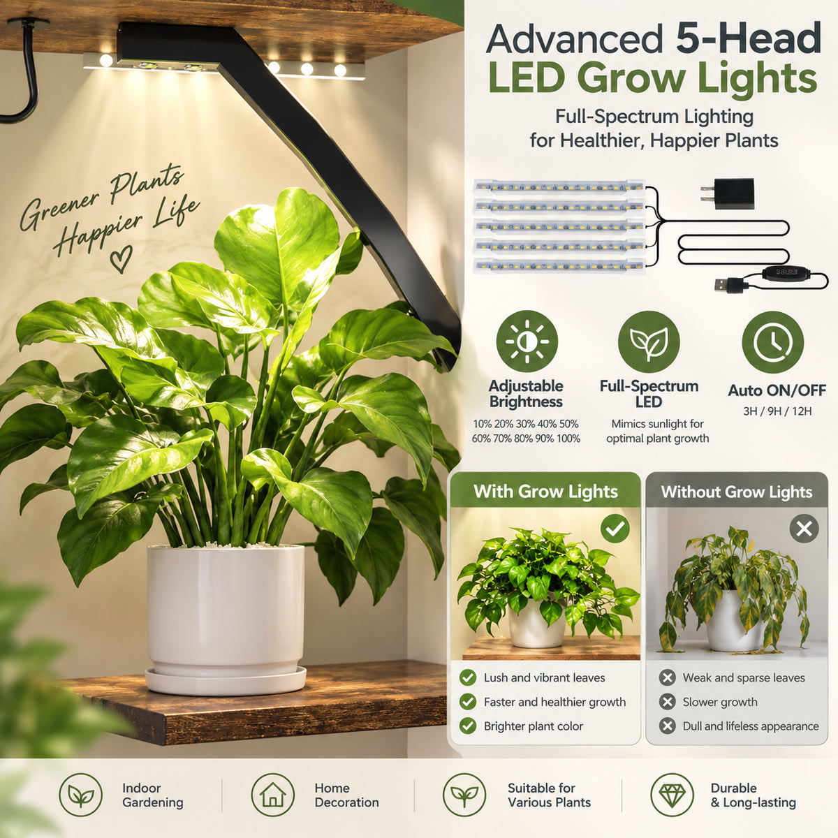 Tree-Shaped Plant Stand with 4 Grow Lights and Wheels – Black Iron & Weathered Wood Multi-Tier Rack