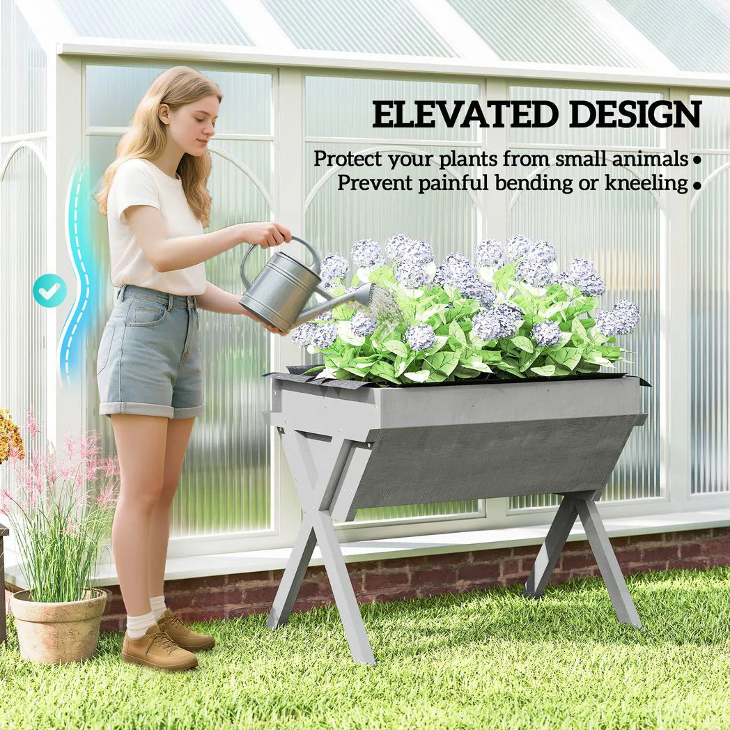 Outsunny Wooden Raised Garden Bed with Legs and Bed Liner – Elevated Fir Wood Planter Box, 178L, Light Grey