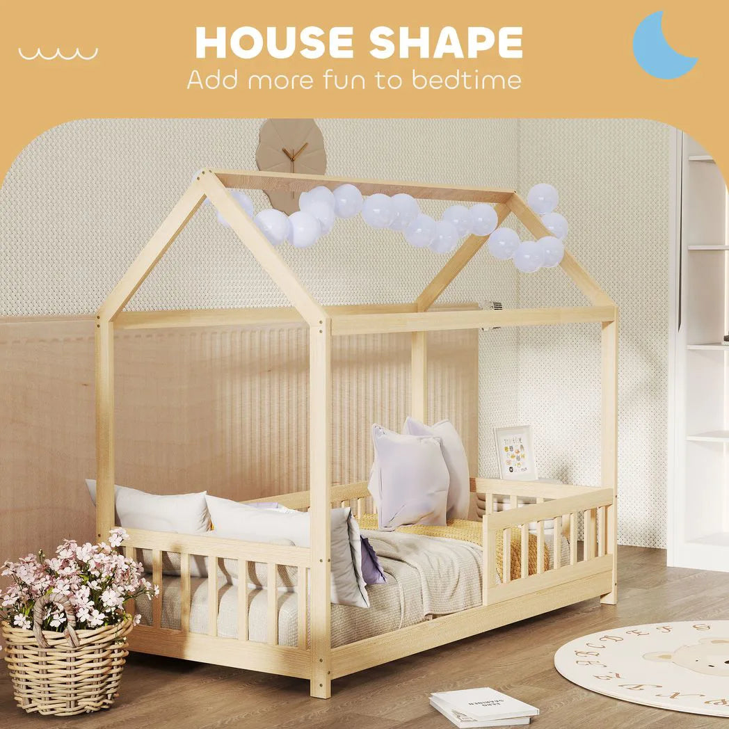 HOMCOM House-Shaped Kids Single Bed Frame with Guard Rails – Solid Pine, Natural Wood
