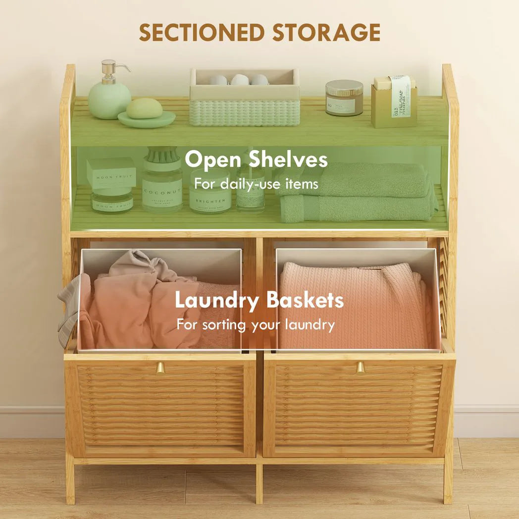 HOMCOM Double Tilt-Out Bamboo Laundry Cabinet with 2 Removable Baskets – Freestanding Bathroom Storage, Natural