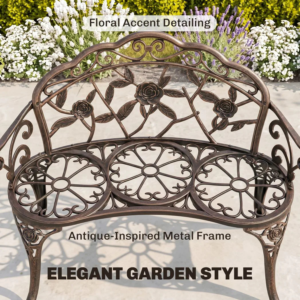 Outsunny Cast Aluminium Garden Bench with Floral Backrest – Outdoor Patio Bench, Bronze Tone