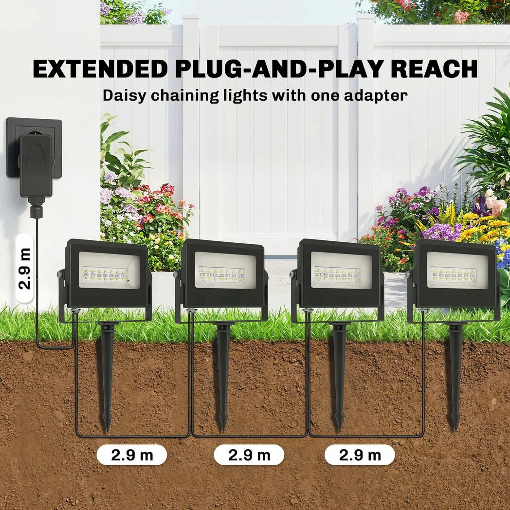 Outsunny 32W RGB LED Garden Floodlights, 4-Pack – Linkable Spotlights with Remote and Timer, IP65, UK Plug, Black