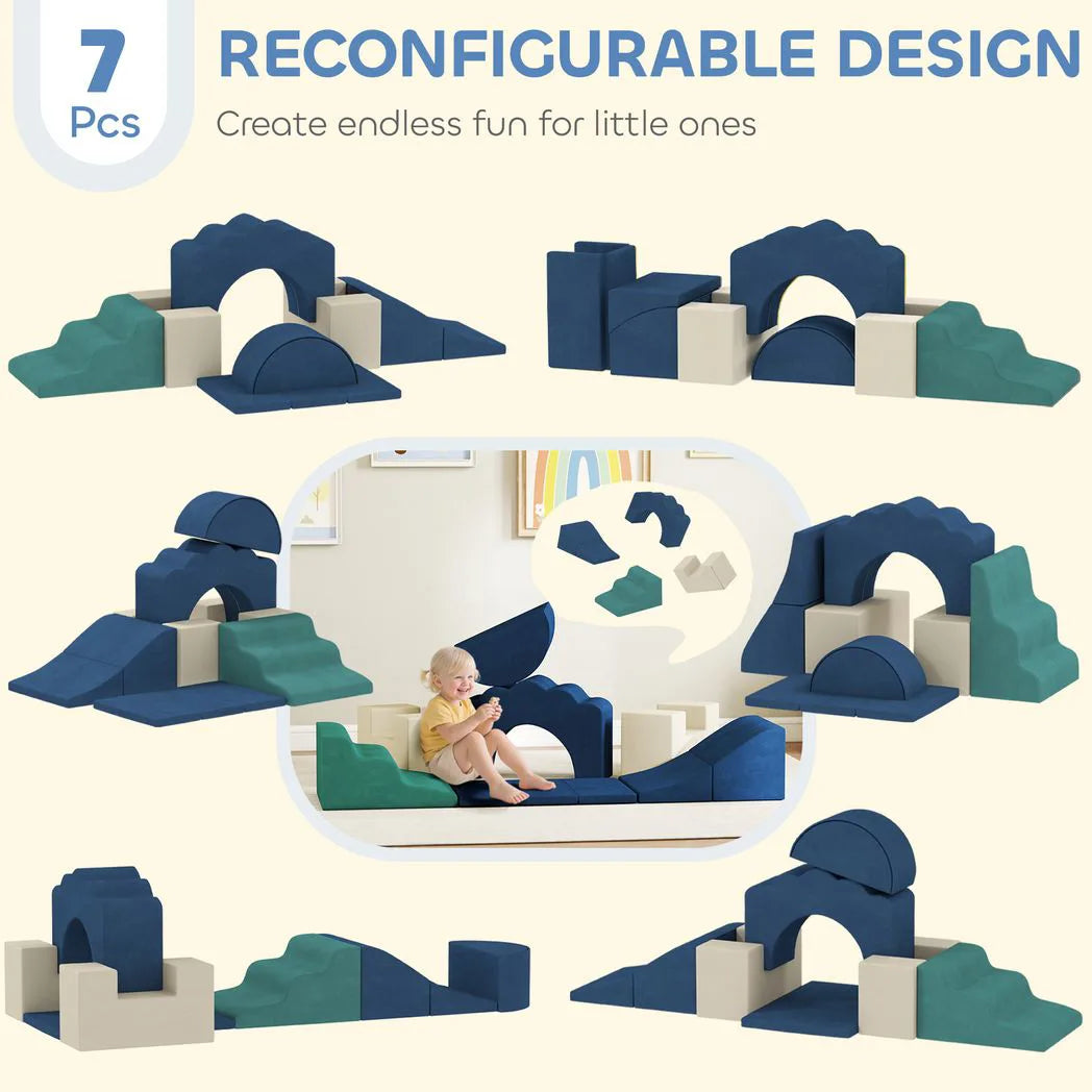 AIYAPLAY 7 Piece Kids Soft Play Set with Velvet Cover – Climb and Crawl Foam Toy for Toddlers, Dark Blue