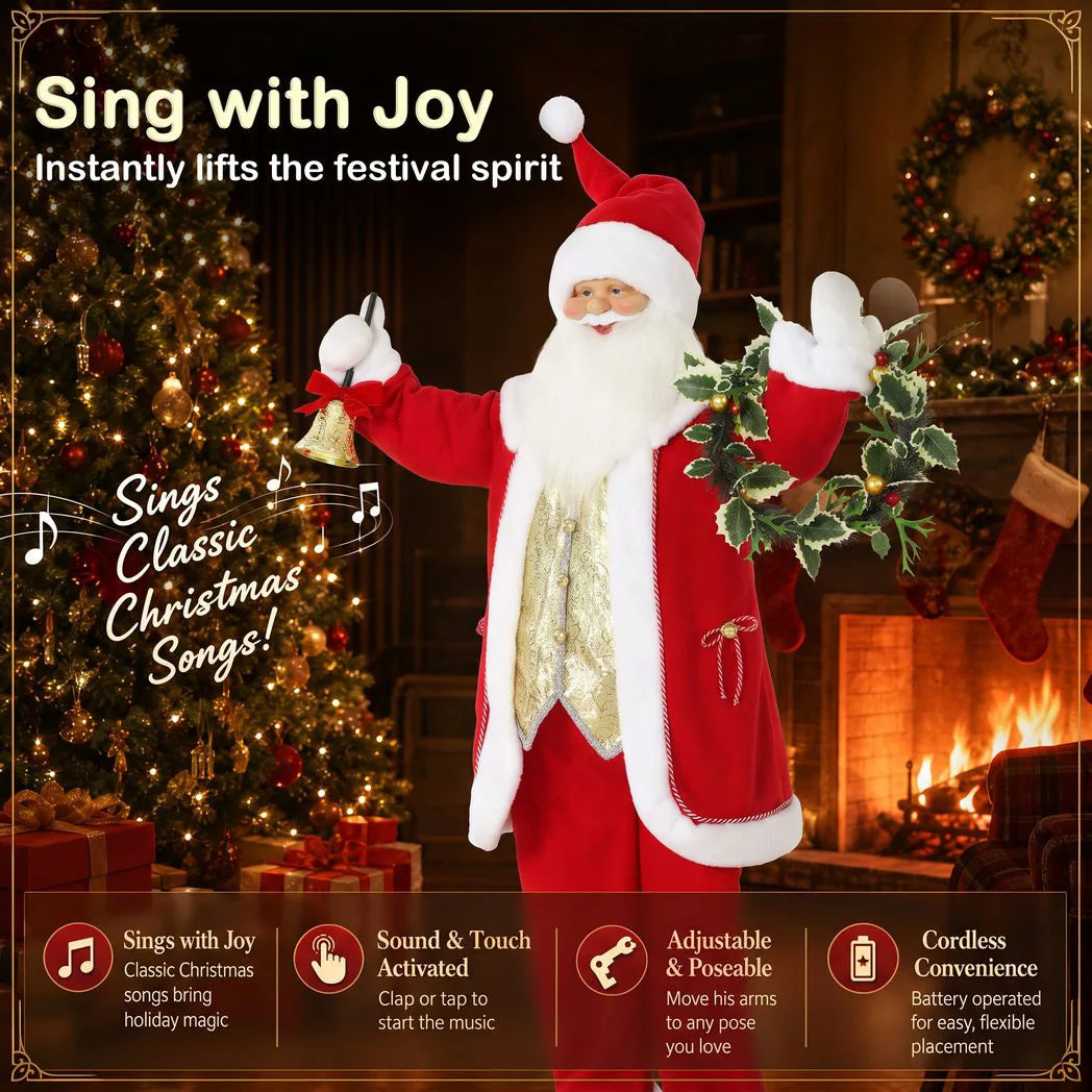 HOMCOM 150cm Life-Size Singing Santa Claus with Bell & Wreath – Animated Sound/Touch Christmas Decoration