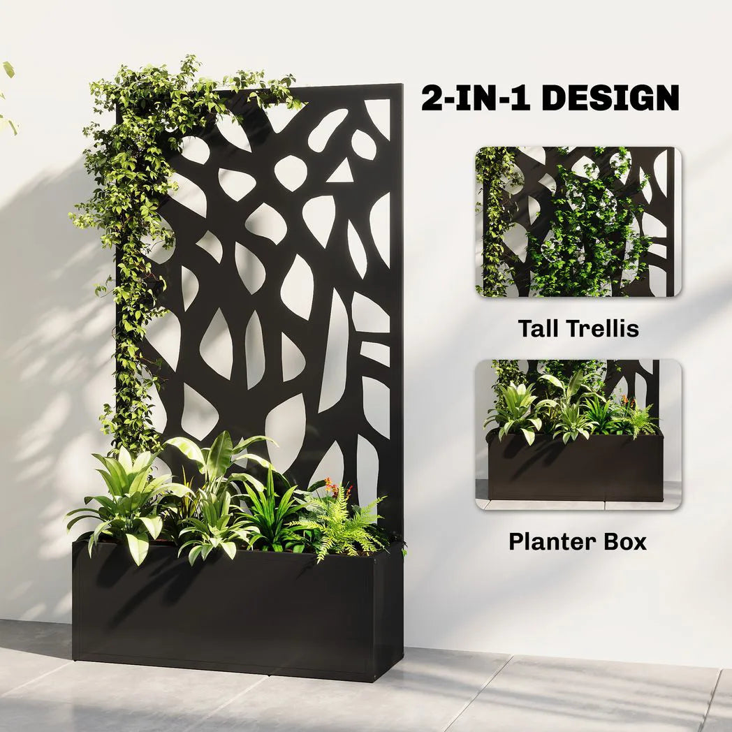 Outsunny Metal Raised Garden Bed with Trellis Privacy Screen, Planter Box for Climbing Plants, 113 x 61 x 23 cm