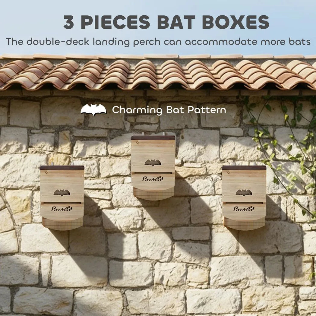 PawHut Bat Boxes, Pack of 3 Wooden Bat Houses with Hanging Hook – Garden Wildlife Roosts, Natural