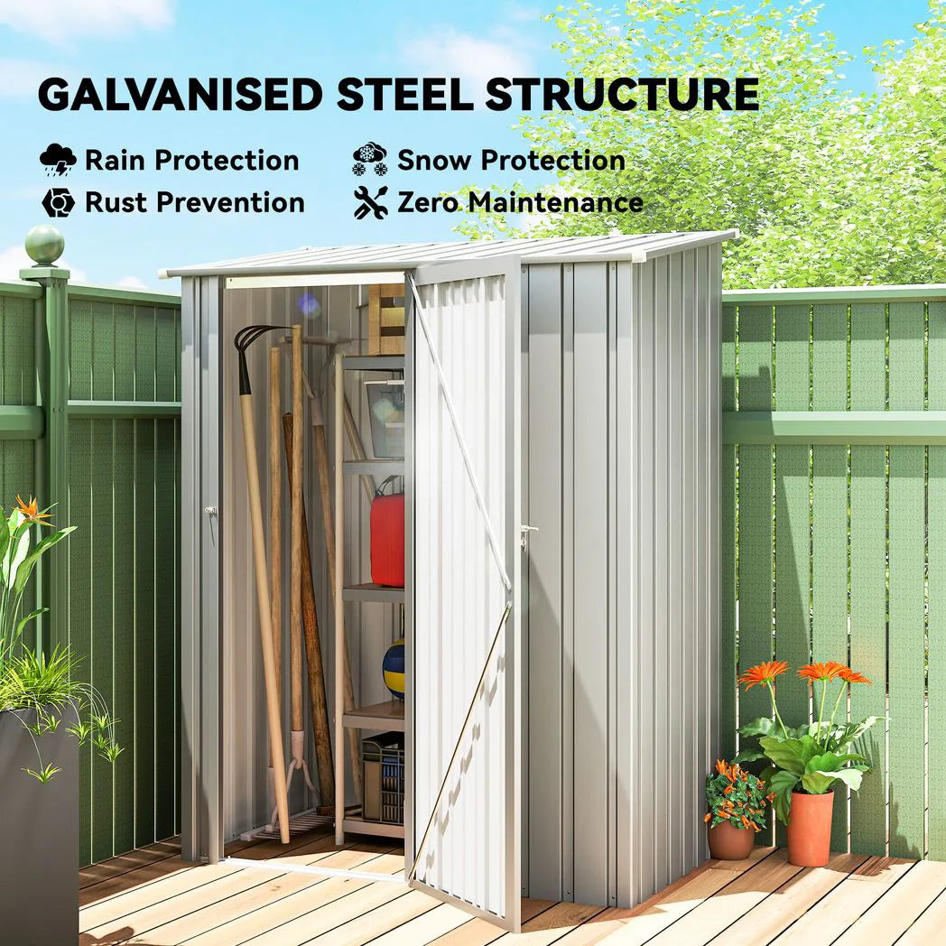 Outsunny 5ft x 3ft Metal Garden Storage Shed with Sloped Roof and Hinged Door – Galvanised Steel, Aluminium Grey