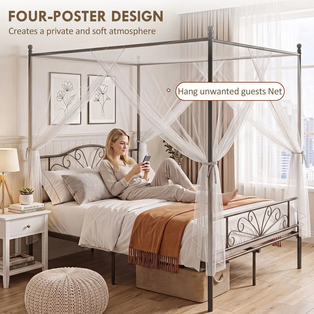 HOMCOM King Size Canopy Bed Frame with Headboard and Footboard – Metal Four-Poster Bed, Black