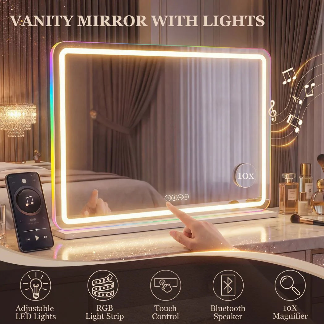 HOMCOM Vanity Mirror with Lights, Dimmable Makeup Mirror with Adjustable Colour Temperature, RGB Light