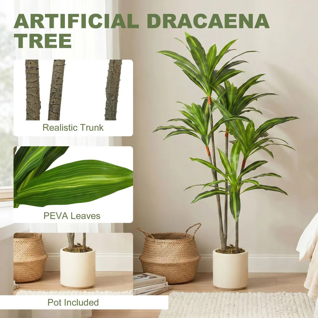 HOMCOM 150cm Lifelike Artificial Dracaena Tree with Bendable Trunks – Zero-Maintenance Fake Plant, Green