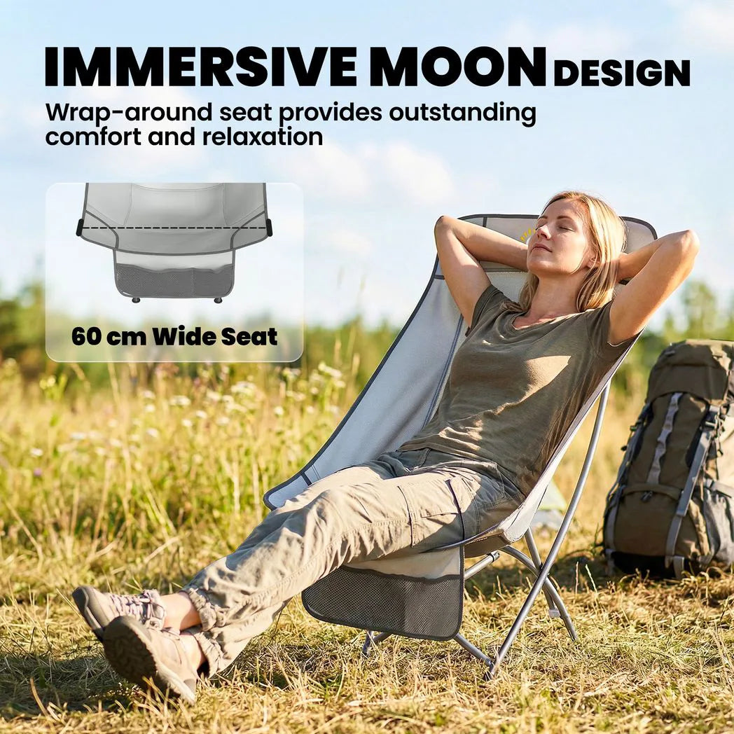 Outsunny Folding Moon Chair with Side Pocket & Carry Bag – Heavy Duty Camping Chair for Adults, Light Grey