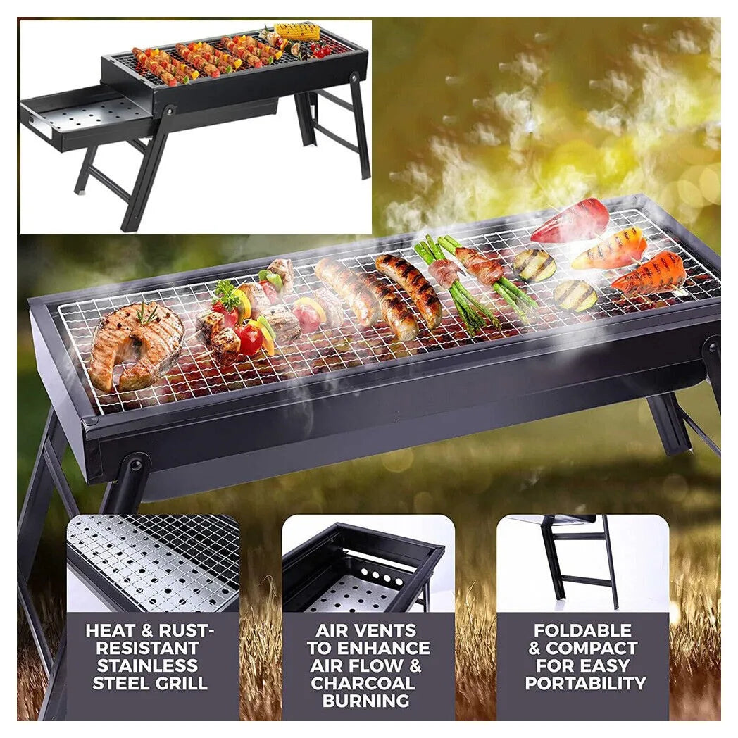Large Portable Folding Charcoal BBQ Grill – Tabletop Barbecue for Camping, Picnics and Garden Parties, Black