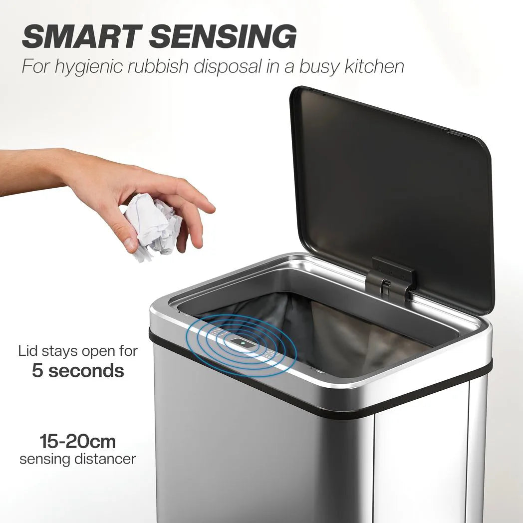 HOMCOM 50L Stainless Steel Sensor Bin with Soft-Close Lid – Touchless Automatic Kitchen Bin, Silver Tone