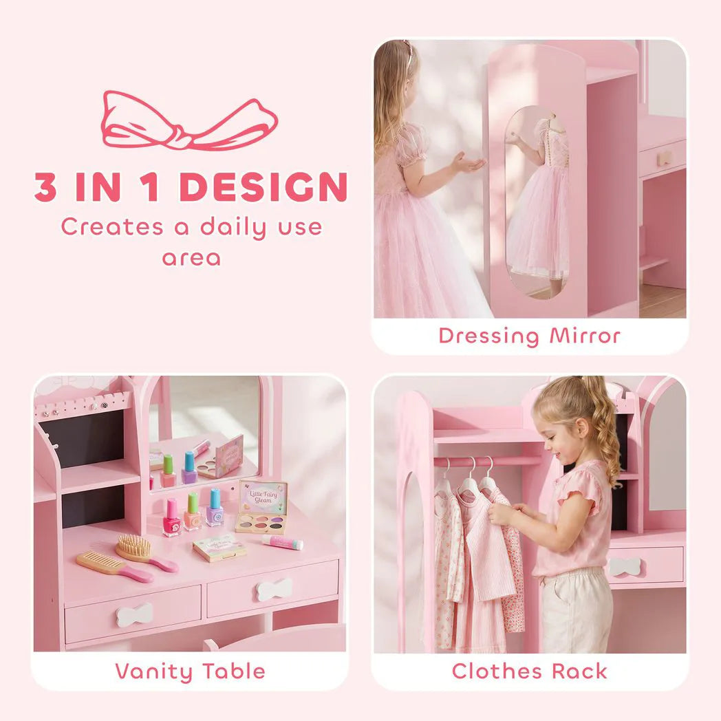 AIYAPLAY 3-in-1 Kids Dressing Table with Stool, Light-Up Mirror and Clothes Rack – Vanity Set Ages 3-8, Pink