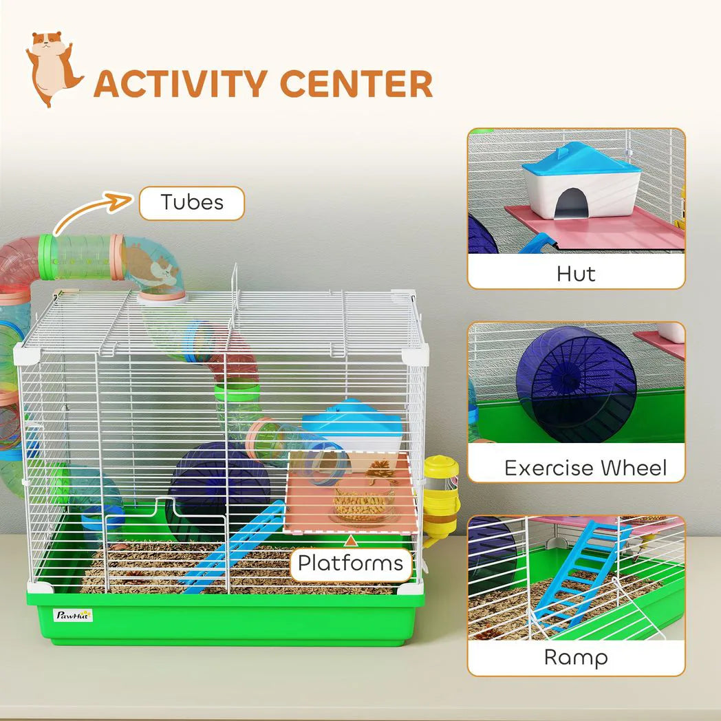 PawHut 2 Tier Hamster Cage with Handle, Exercise Wheel and Tunnel – Small Pet Home for Dwarf Hamsters