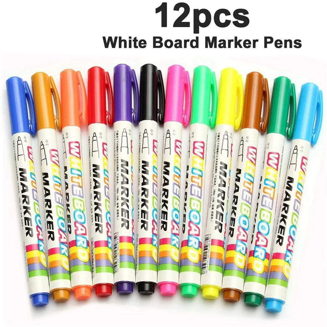 12 Colour Whiteboard Marker Pens – Fast-Drying, Low-Odour, Easy Wipe Dry Erase Markers for Whiteboards