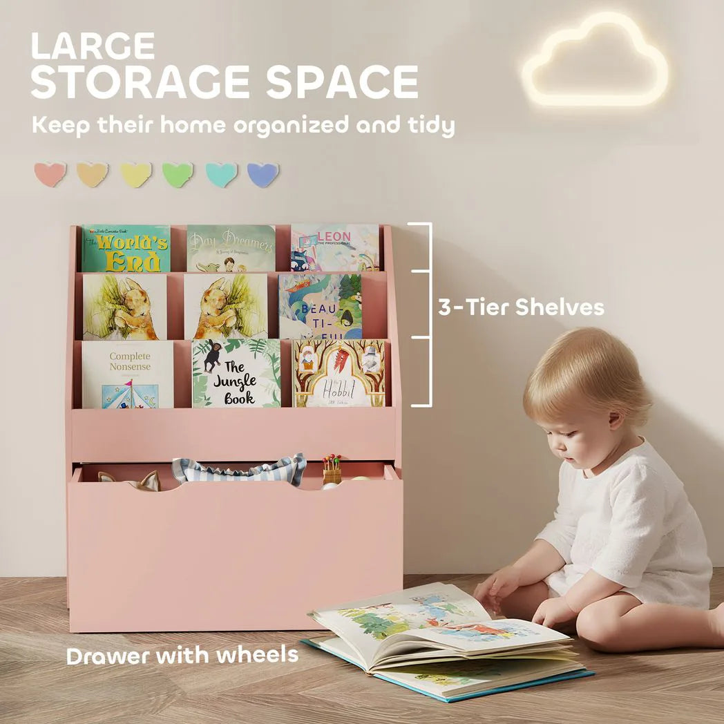 AIYAPLAY Kids Bookcase with 3 Shelves and Wheeled Drawer – Anti-Tip Playroom Storage for Ages 3–8, Pink