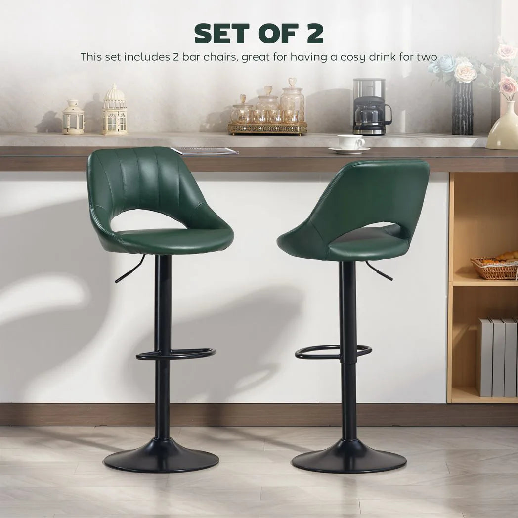 HOMCOM Set of 2 Faux Leather Bar Stools with 360° Swivel & Adjustable Height – Kitchen Stools, Dark Green