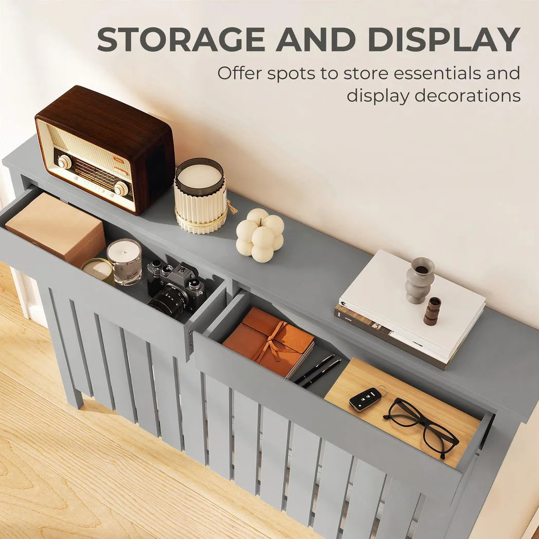HOMCOM Modern Radiator Cover with Top Drawers and Vertical Slats, 93 x 119cm – Slimline Heater Cabinet, Grey
