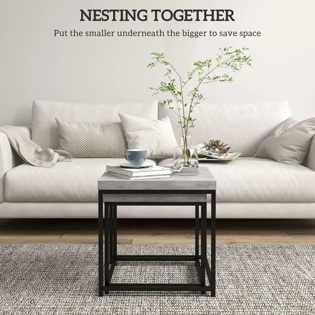 HOMCOM Coffee Table Set of 2 with 3.5cm Thick Tabletop – Square Nest of Tables, Grey
