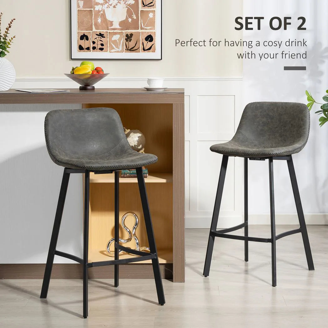 HOMCOM Set of 2 Bar Stools with Backrest & Footrest – PU Leather Kitchen Counter Breakfast Bar Stools, Grey