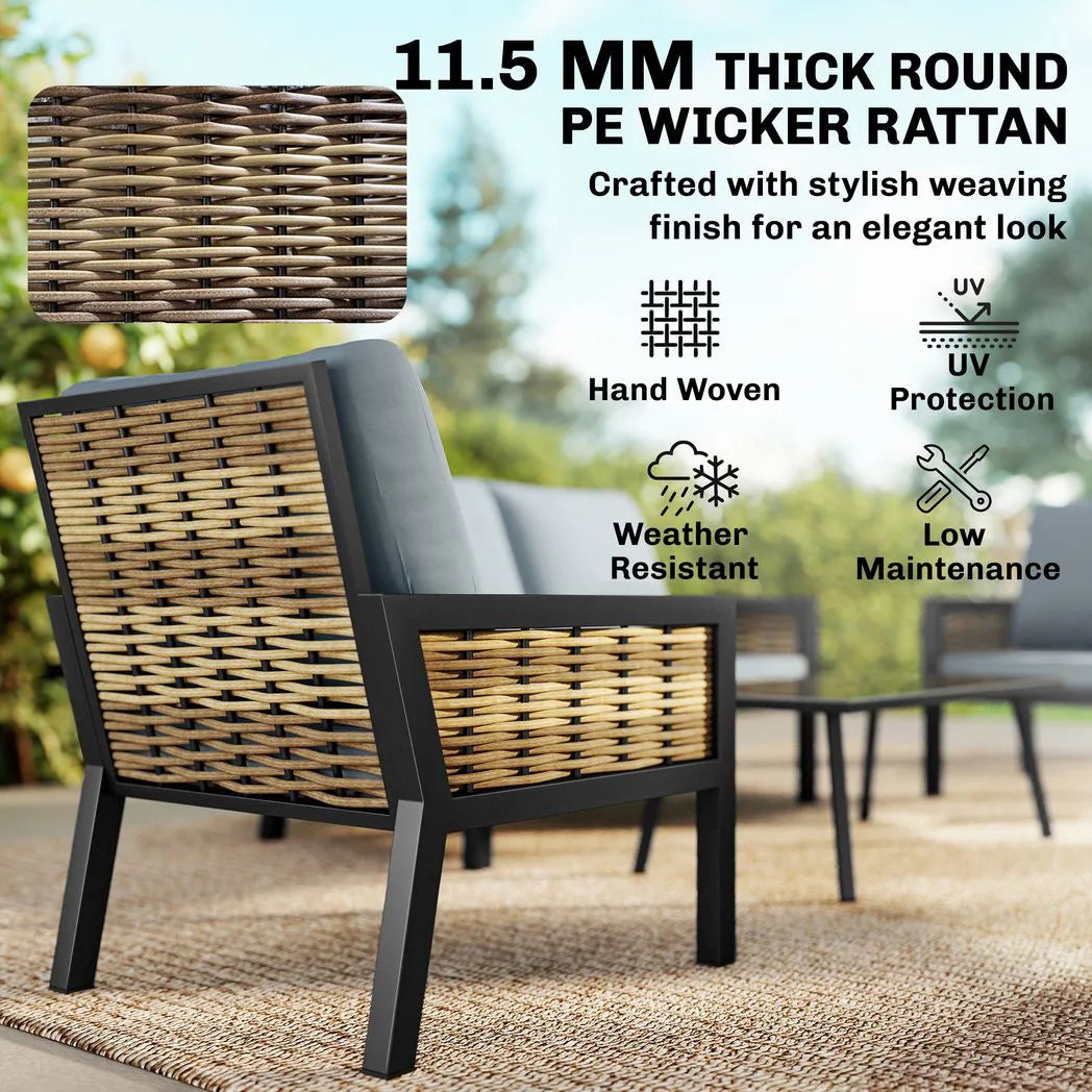 Outsunny 4-Seater Rattan Garden Furniture Set with 2 Armchairs, Loveseat & Coffee Table – Cushioned, Grey