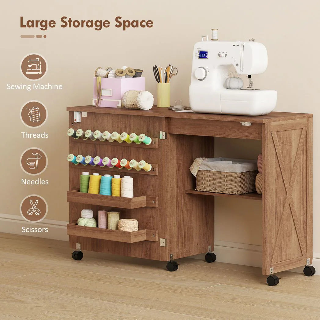 HOMCOM Folding Sewing Table with Storage, Thread Racks & Lockable Casters – Rolling Craft Table, Brown