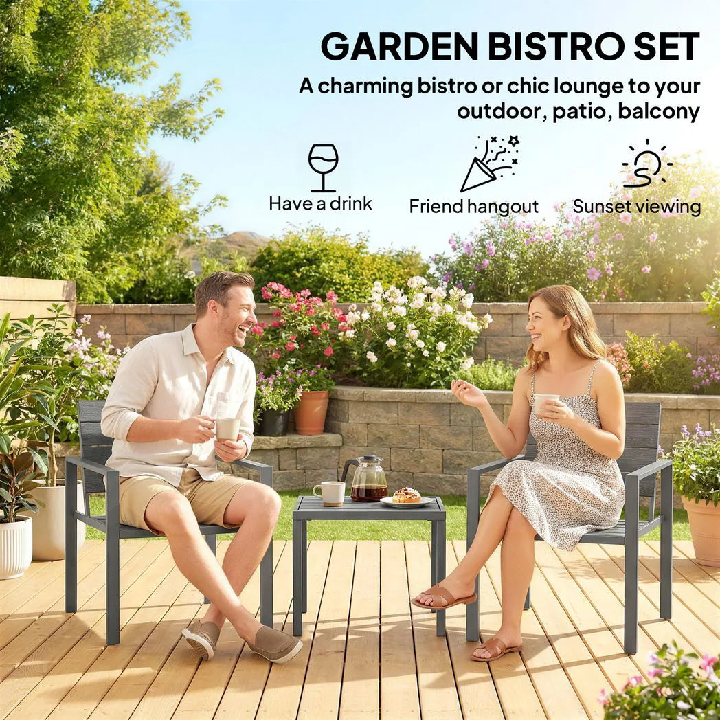 Outsunny 3 Piece Garden Bistro Set for 2 – HDPE Chairs and Coffee Table with Steel Frame