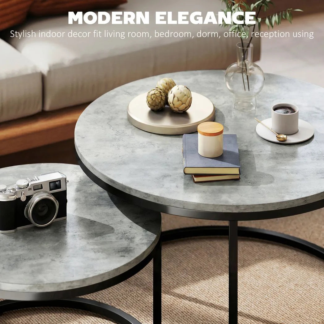 HOMCOM Set of Two Cement-Effect Nesting Coffee Tables with Steel Frame – Round Stacking Tables, Grey