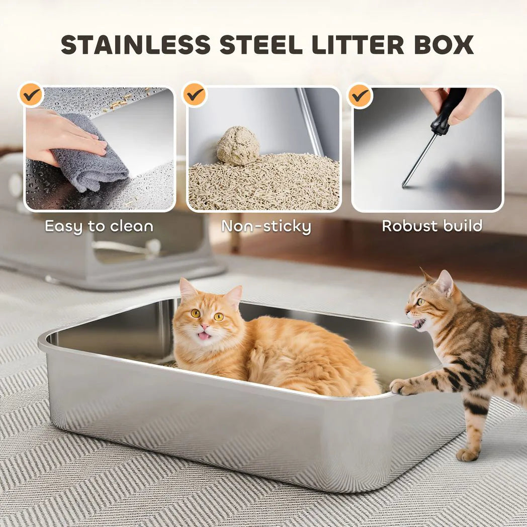 PawHut XXL Stainless Steel Cat Litter Box with 90° Flip Cover, Double Doors & Scoop – Enclosed, Grey