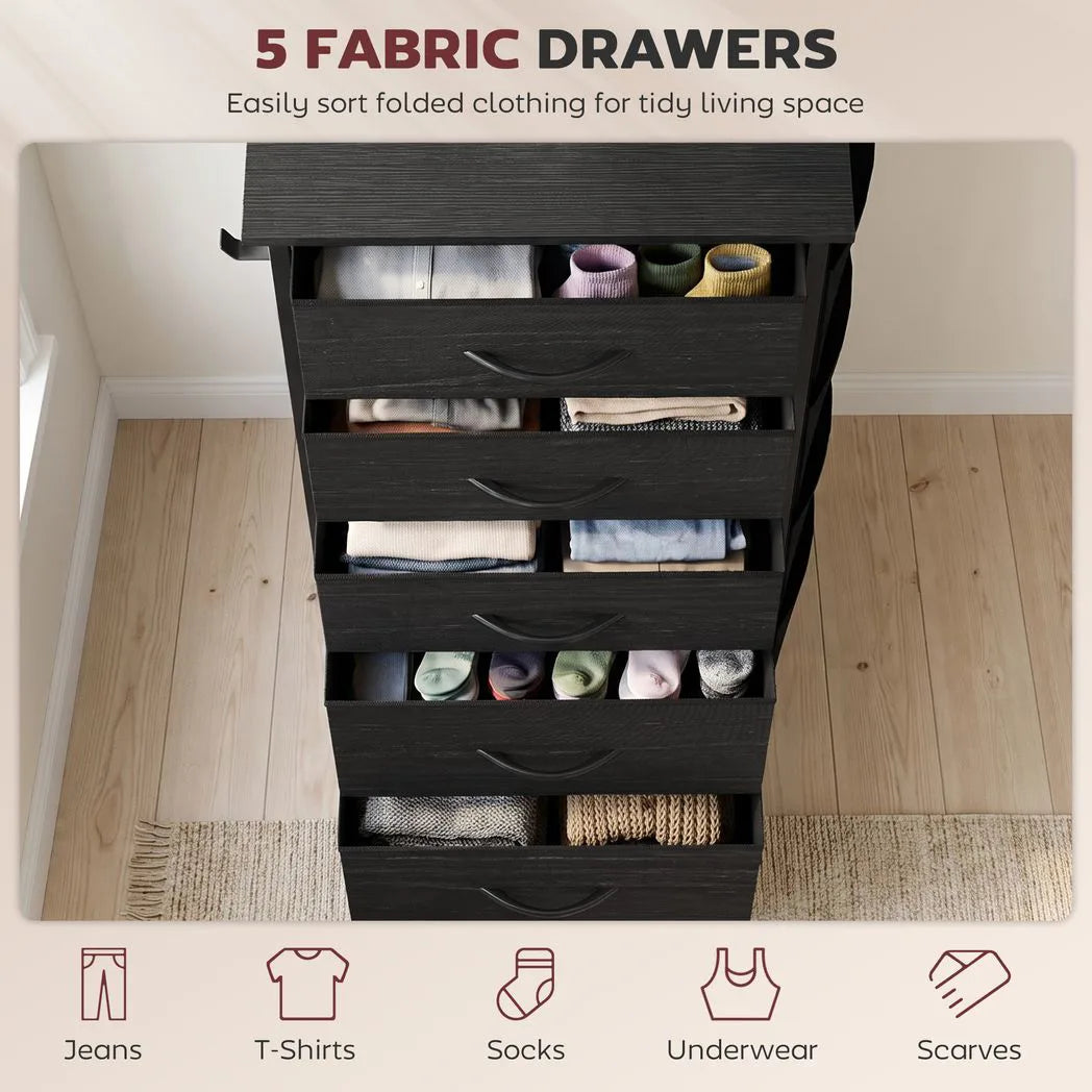 HOMCOM Chest of Drawers with 5 Fabric Drawers, 4 Pockets, 2 Hooks and Steel Frame – Tall Storage, Black
