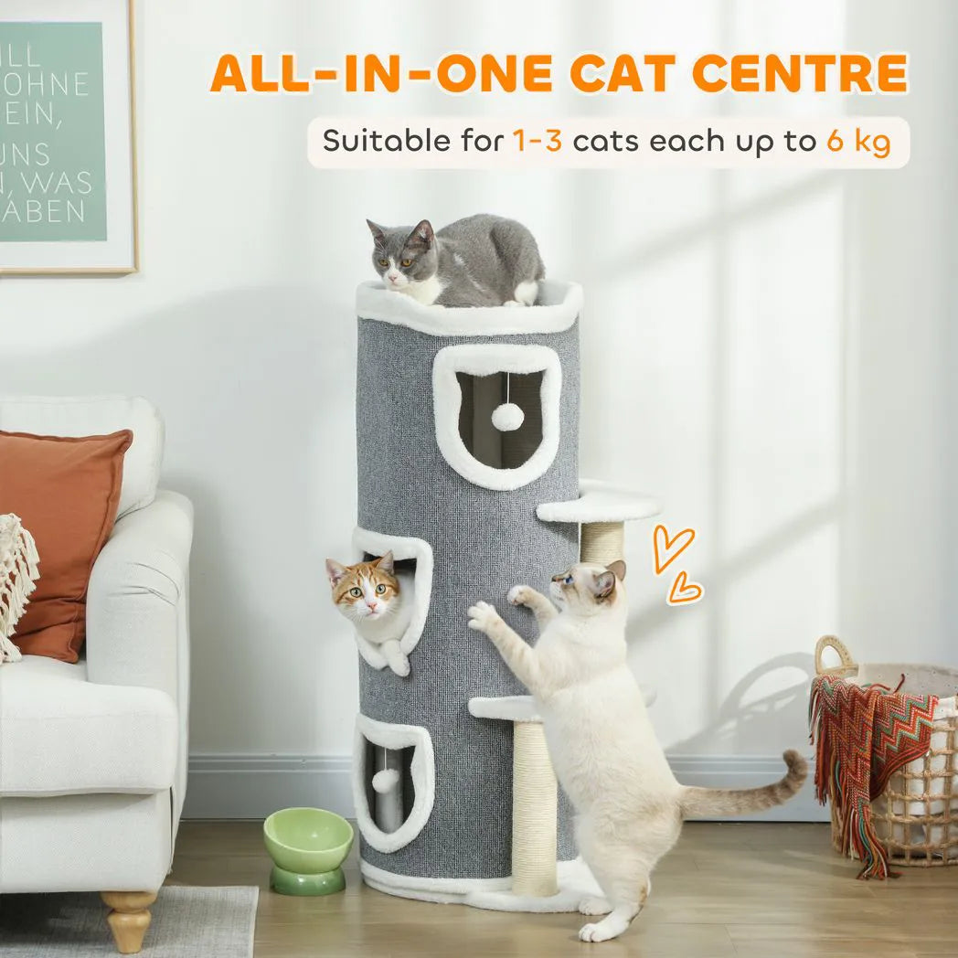 PawHut 101cm Cat Tree with Sisal Scratching Posts, 3 Barrel Condos – Indoor Cat Tower for Rest and Play