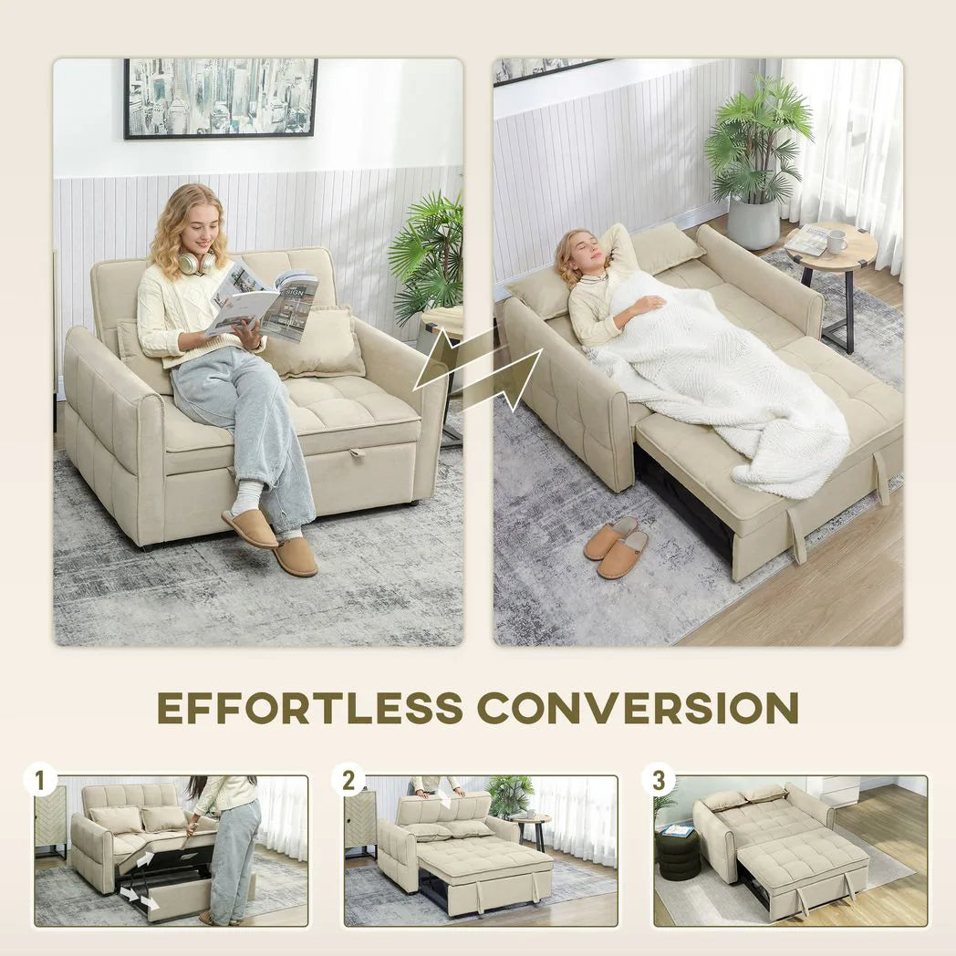 HOMCOM 2 Seater Sofa Bed with Click-Clack Backrest and 2 Pillows – 3-in-1 Convertible Sleeper Sofa, Light Brown