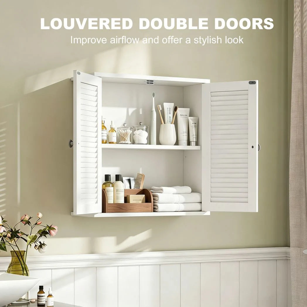 HOMCOM Wall Mounted Bathroom Cabinet with Louvred Doors and Adjustable Shelf – Storage Cupboard, White