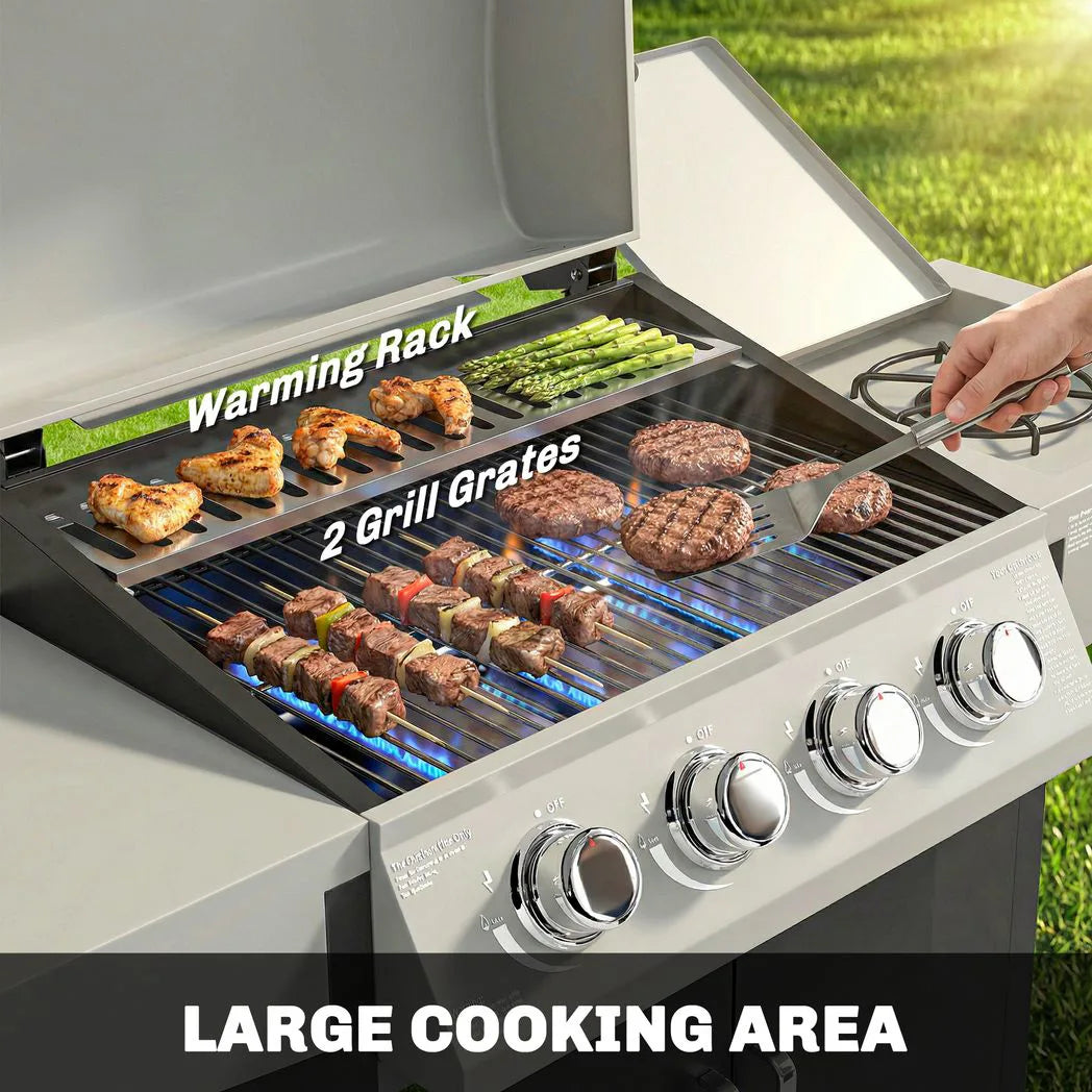 Outsunny 4 Burner Gas BBQ Grill with Side Burner, Lid & Built-in Thermometer – Portable Steel Propane Barbecue on Wheels