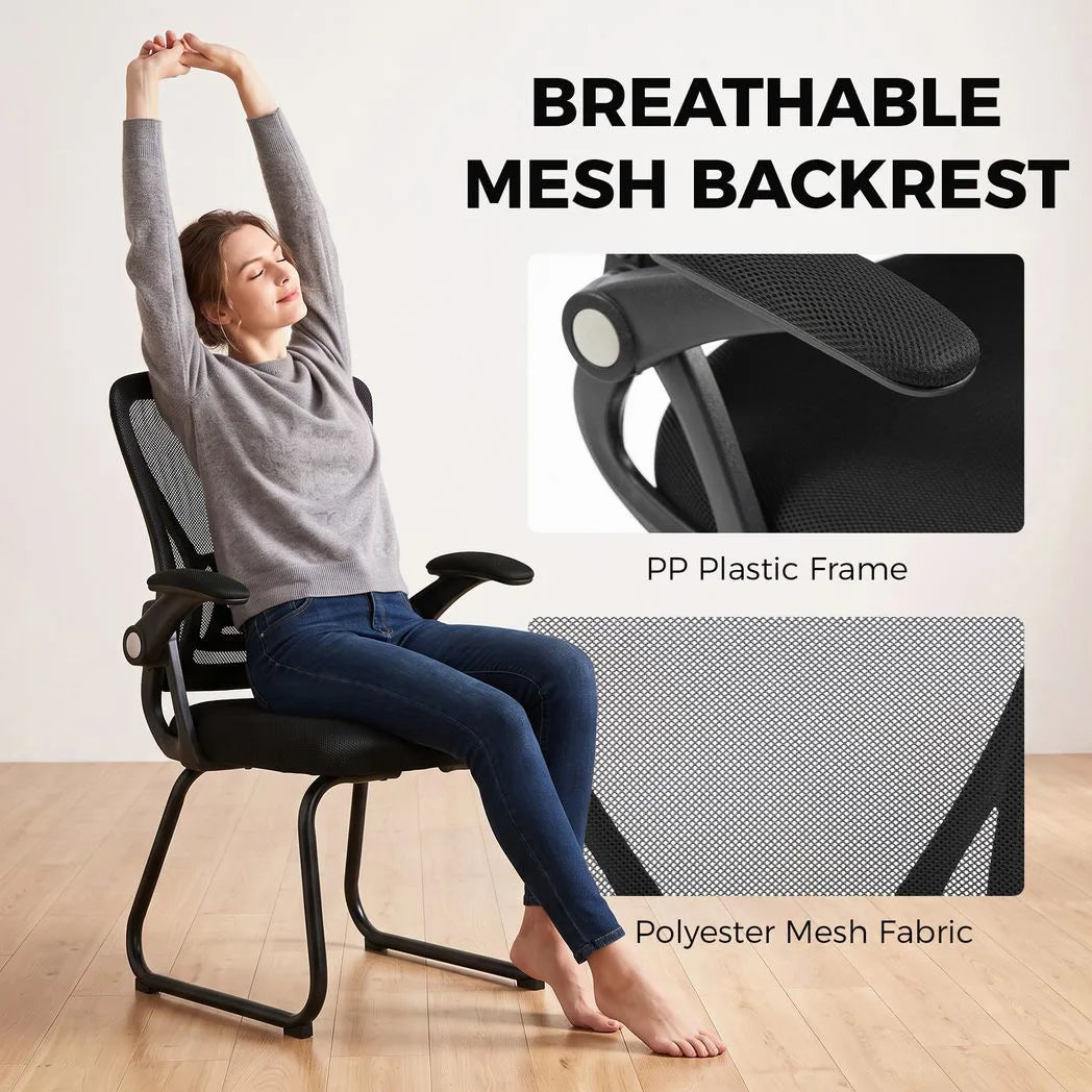 HOMCOM Reception Chair with Mesh Backrest and Flip-Up Armrests – Wheelless Office Chair, Steel Legs, Black