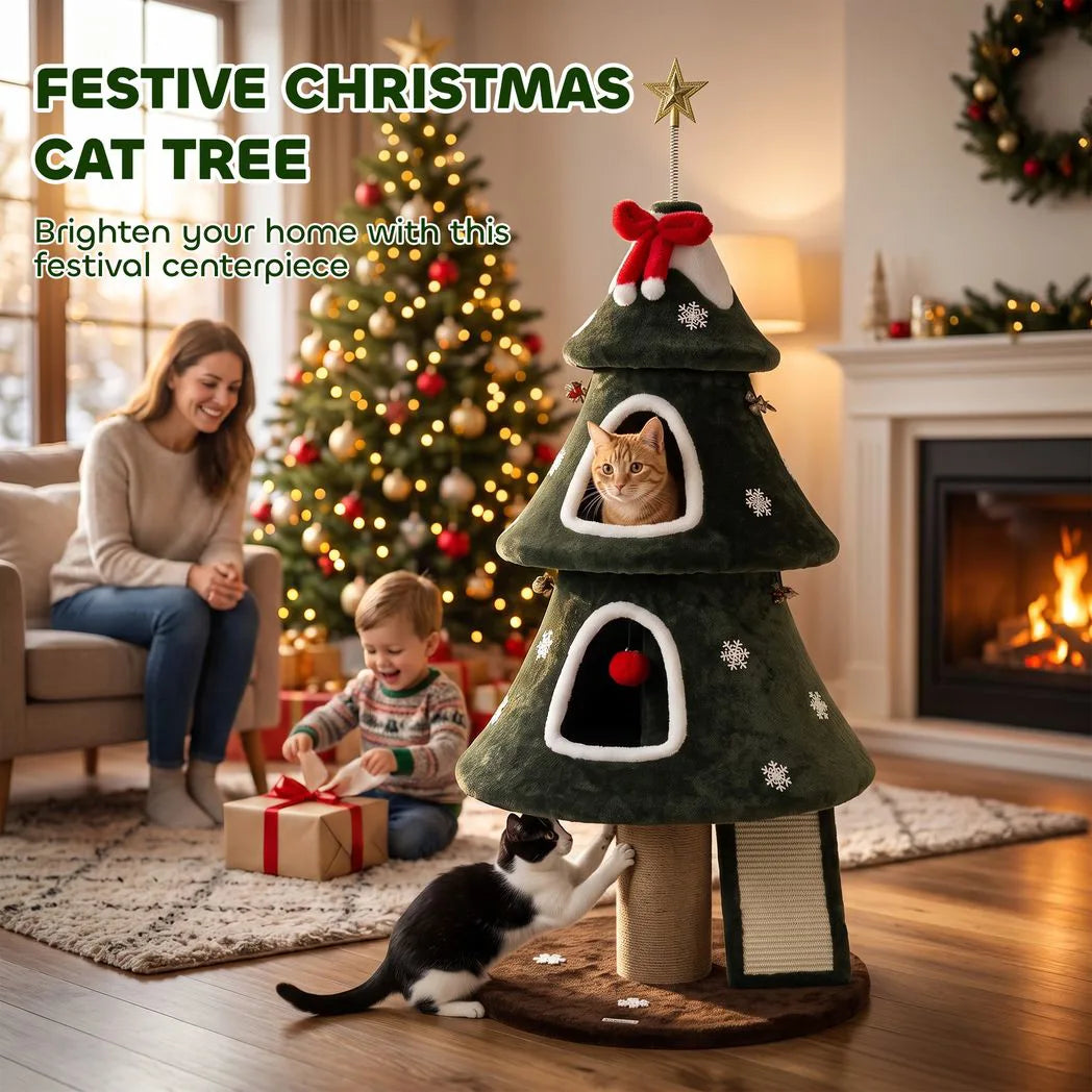 PawHut Christmas Cat Tree with Dual Condos, Sisal Ladder & Anti-Tip Rope – 132 cm Festive Cat Tower