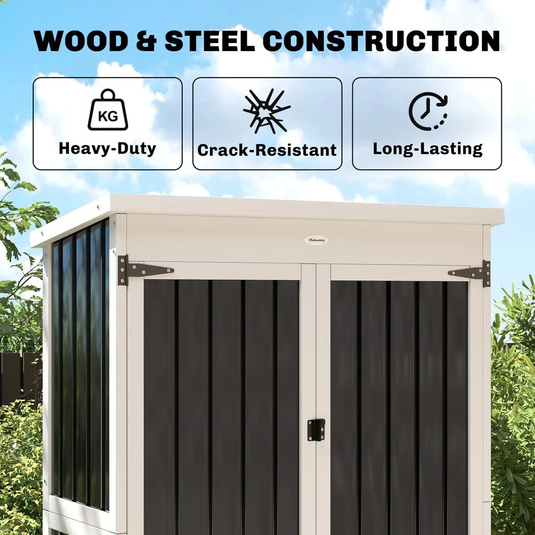 Outsunny Outdoor Storage Cabinet with 3 Removable Shelves and Asphalt Roof – Wood and Steel Garden Tool Shed, White and Black