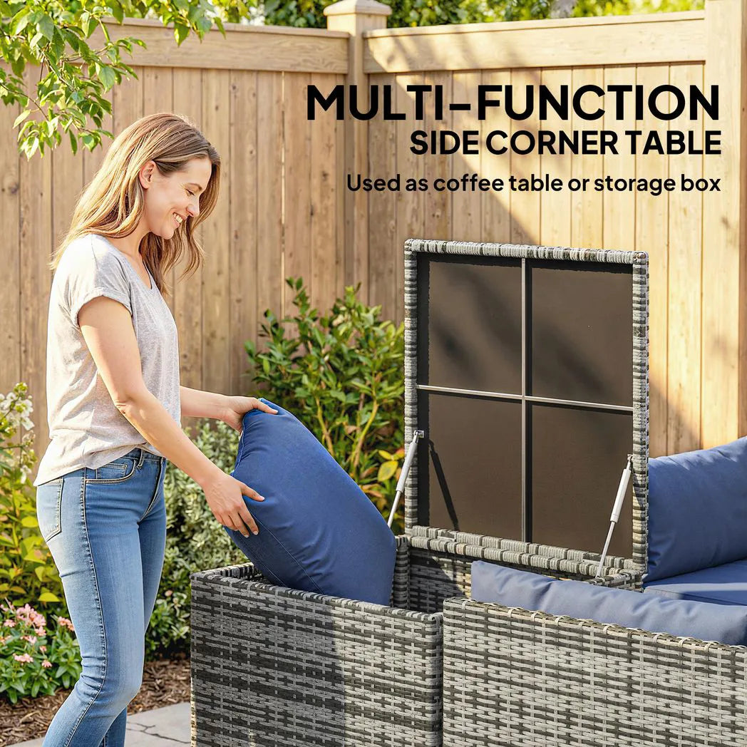Outsunny 4 Piece Rattan Corner Sofa Set – Two Loveseats, Storage Table and Glass Coffee Table with Cushions, Dark Blue