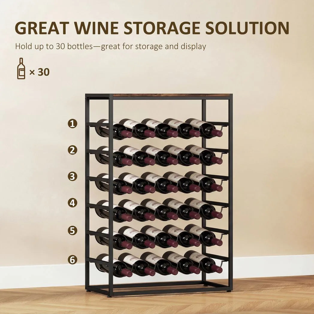 HOMCOM 6 Tier Free Standing Wine Rack for 30 Bottles with Wood-Effect Top, Rustic Brown