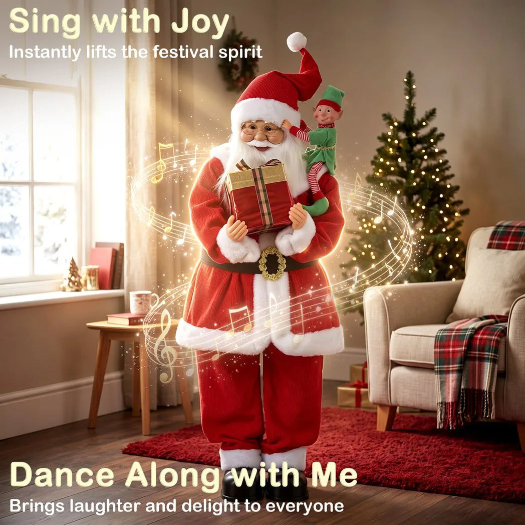 HOMCOM 4ft Singing Dancing Santa Claus with Elf and Gift Box – Animated Christmas Figure, Sound and Touch Activated